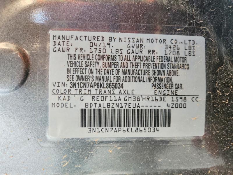 Aukcja sprzedaży 2019 Nissan Versa, vin: 3N1CN7AP6KL865034, numer aukcji: 69202756