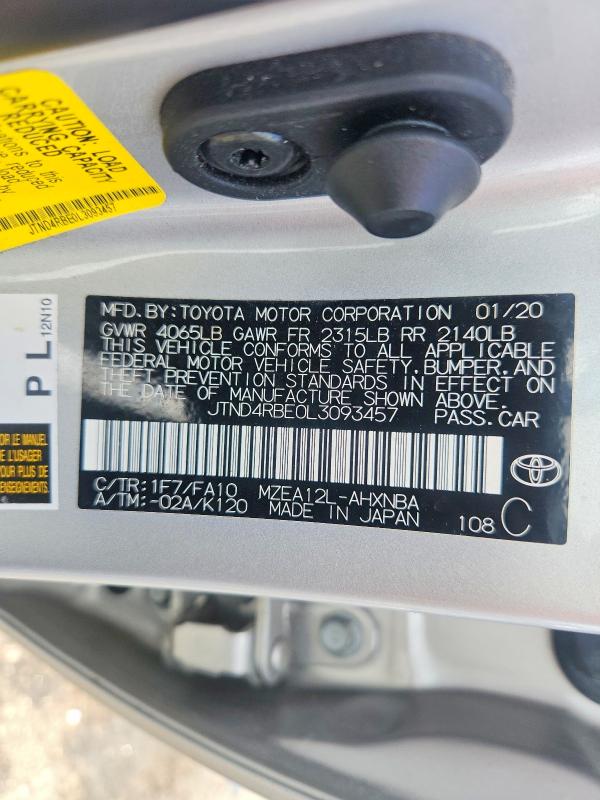 2020 Toyota Corolla Hatchback მანქანა იყიდება აუქციონზე, vin: JTND4RBE0L3093457, აუქციონის ნომერი: 71243726