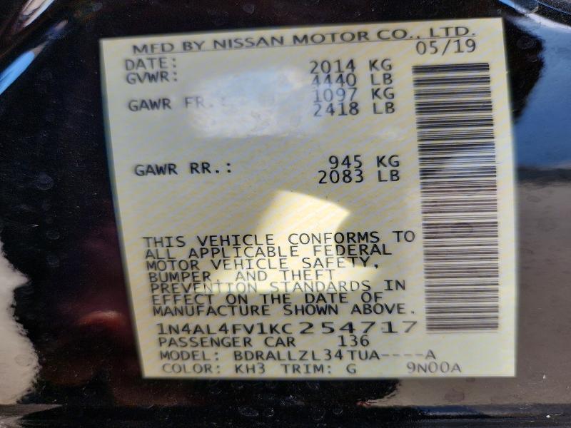 2019 Nissan Altima მანქანა იყიდება აუქციონზე, vin: 1N4AL4FV1KC254717, აუქციონის ნომერი: 70119586