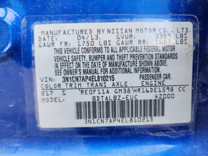 Продажа на аукционе авто 2014 Nissan Versa, vin: 3N1CN7AP4EL810215, номер лота: 69174926