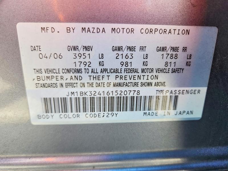 Aukcja sprzedaży 2006 Mazda 3, vin: JM1BK324161520778, numer aukcji: 67043286