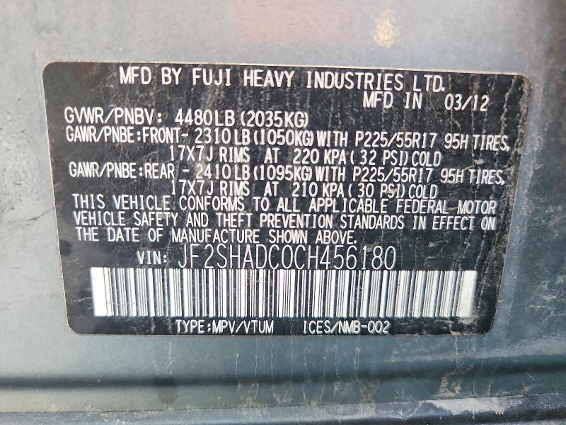 Aukcja sprzedaży 2012 Subaru Forester, vin: JF2SHADC0CH456180, numer aukcji: 66278466