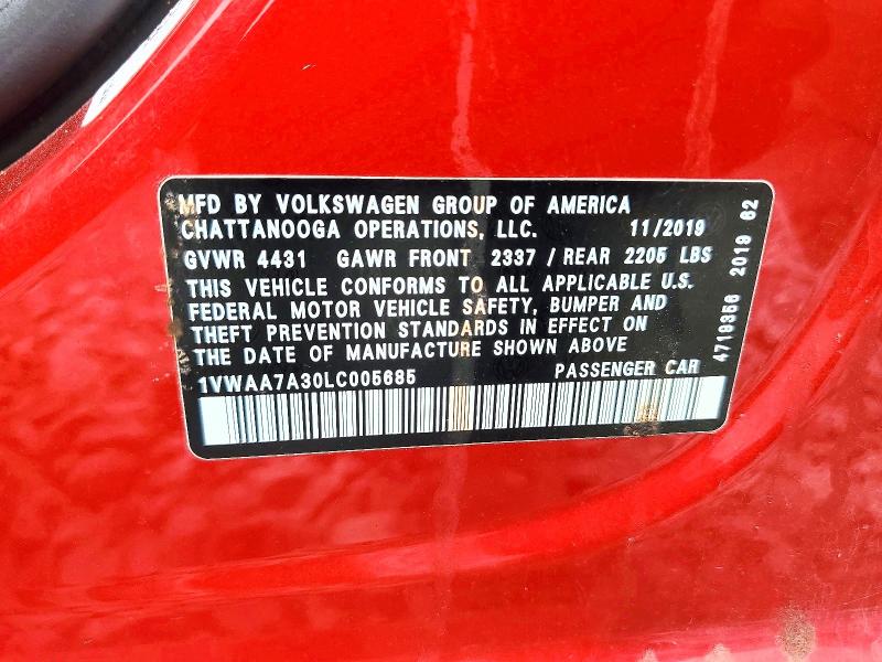 2020 Volkswagen Passat მანქანა იყიდება აუქციონზე, vin: 1VWAA7A30LC005685, აუქციონის ნომერი: 67684826