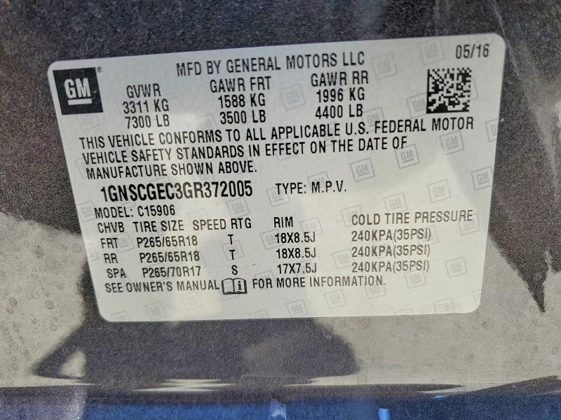 71042346 :رقم المزاد ، 1GNSCGEC3GR372005 vin ، 2016 Chevrolet Suburban مزاد بيع