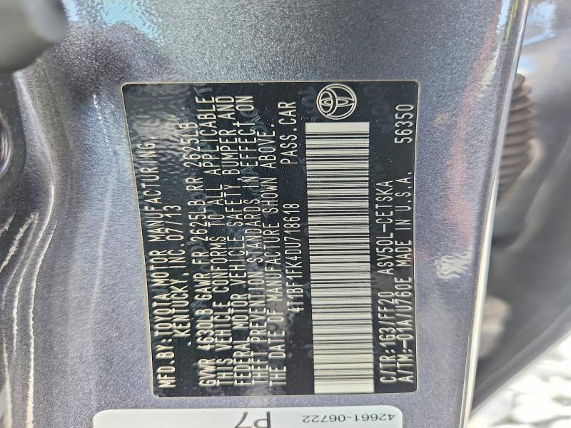 2013 Toyota Camry მანქანა იყიდება აუქციონზე, vin: 4T1BF1FK4DU718618, აუქციონის ნომერი: 68395766