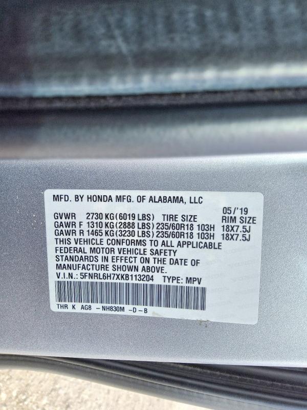 67327136 :رقم المزاد ، 5FNRL6H7XKB113204 vin ، 2019 Honda Odyssey مزاد بيع