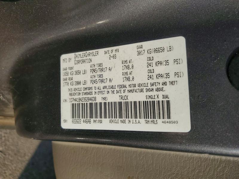 2003 Dodge Ram 1500 მანქანა იყიდება აუქციონზე, vin: 1D7HA18N23S284638, აუქციონის ნომერი: 68258646