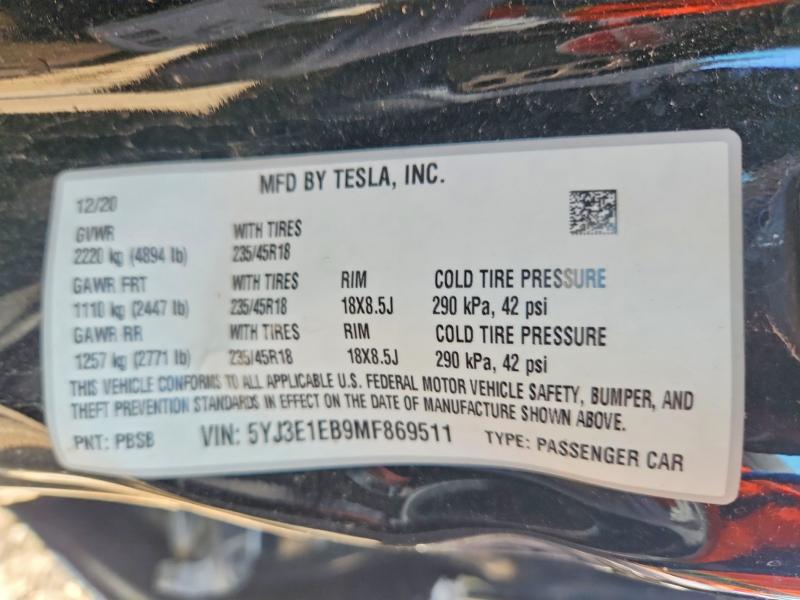Aukcja sprzedaży 2021 Tesla Model 3, vin: 5YJ3E1EB9MF869511, numer aukcji: 67123056