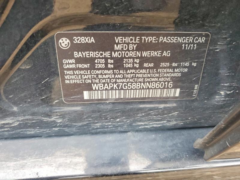 2011 Bmw 328 მანქანა იყიდება აუქციონზე, vin: WBAPK7G58BNN86016, აუქციონის ნომერი: 70705036