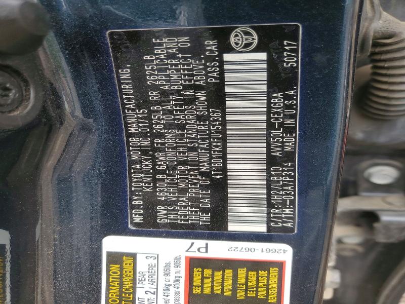 69695896 :رقم المزاد ، 4T1BD1FKXFU154367 vin ، 2015 Toyota Camry Hybrid مزاد بيع