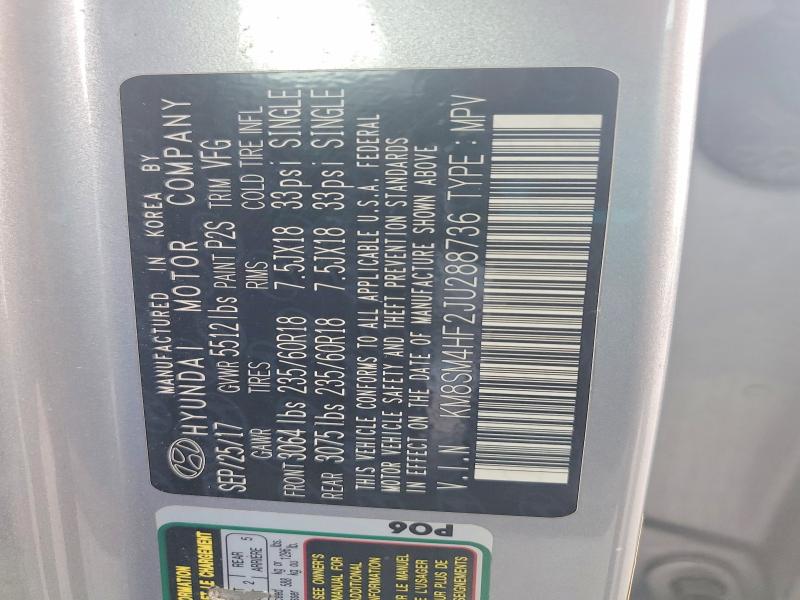 Aukcja sprzedaży 2018 Hyundai Santa Fe, vin: KM8SM4HF2JU288736, numer aukcji: 70557226