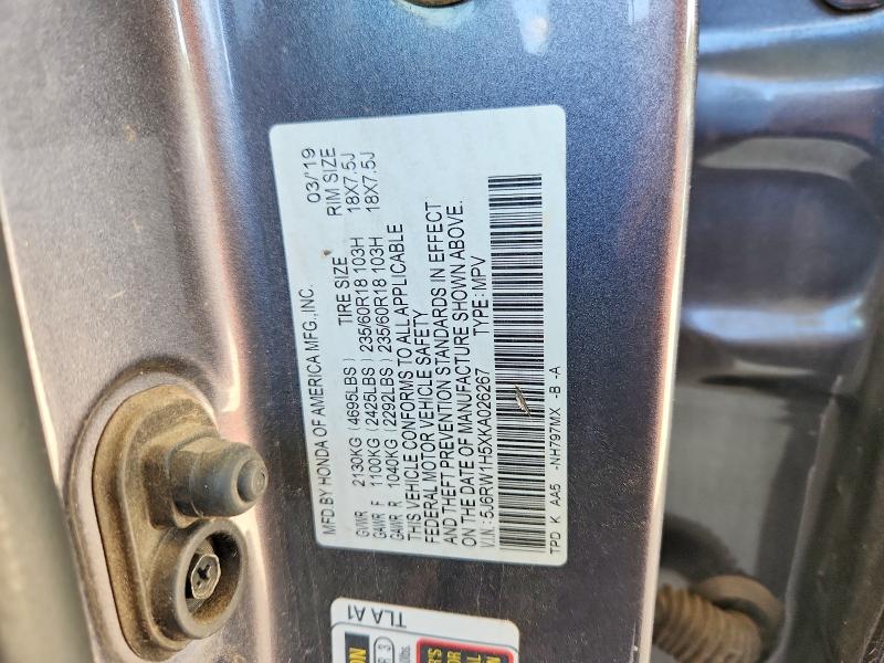 67445936 :رقم المزاد ، 5J6RW1H5XKA026267 vin ، 2019 Honda Cr-v مزاد بيع