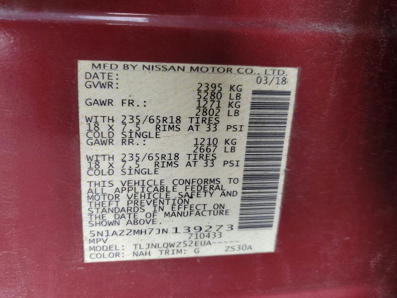 Aukcja sprzedaży 2018 Nissan Murano, vin: 5N1AZ2MH7JN139273, numer aukcji: 68599006