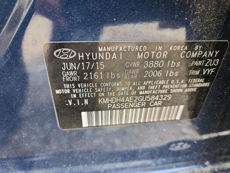 2016 Hyundai Elantra მანქანა იყიდება აუქციონზე, vin: KMHDH4AE2GU584329, აუქციონის ნომერი: 68288736