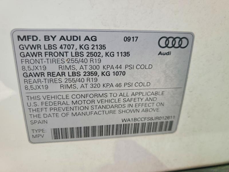 2018 Audi Q3 მანქანა იყიდება აუქციონზე, vin: WA1BCCFS8JR012611, აუქციონის ნომერი: 69066226