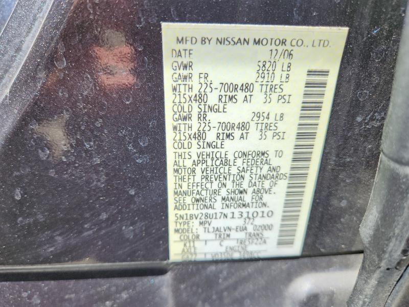 Продаж на аукціоні авто 2007 Nissan Quest, vin: 5N1BV28U17N131010, номер лоту: 68088326