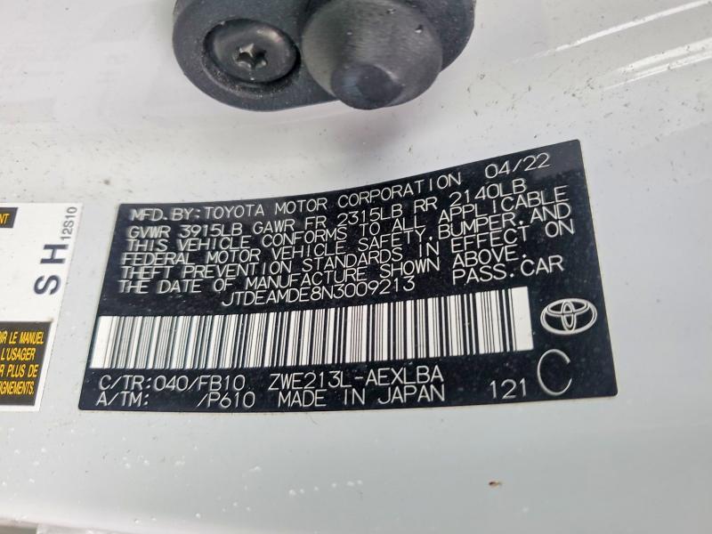 70085166 :رقم المزاد ، JTDEAMDE8N3009213 vin ، 2022 Toyota Corolla مزاد بيع