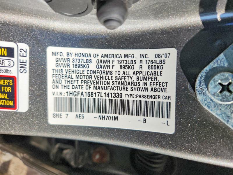 Продаж на аукціоні авто 2007 Honda Civic, vin: 1HGFA16817L141339, номер лоту: 67624656