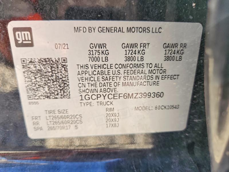 68232126 :رقم المزاد ، 1GCPYCEF6MZ399360 vin ، 2021 Chevrolet Silverado مزاد بيع