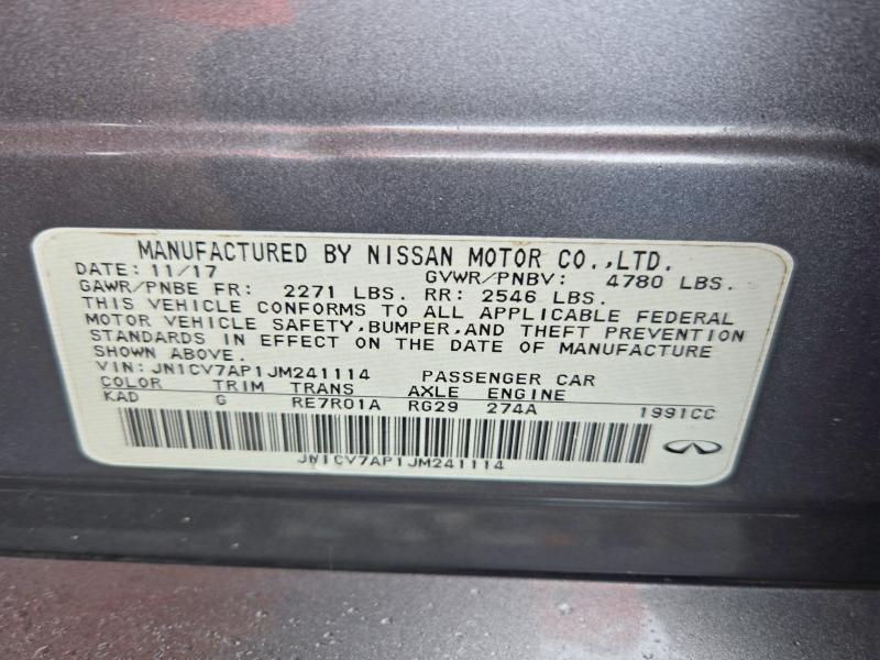 2018 Infiniti Q50 მანქანა იყიდება აუქციონზე, vin: JN1CV7AP1JM241114, აუქციონის ნომერი: 71058976