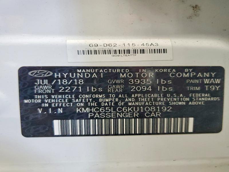 68744466 :رقم المزاد ، KMHC65LC6KU108192 vin ، 2019 Hyundai Ioniq مزاد بيع
