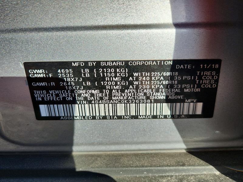 67857936 :رقم المزاد ، 4S4BSANC0K3263081 vin ، 2019 Subaru Outback مزاد بيع