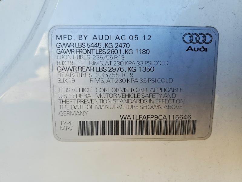 2012 Audi Q5 მანქანა იყიდება აუქციონზე, vin: WA1LFAFP9CA115646, აუქციონის ნომერი: 71303046