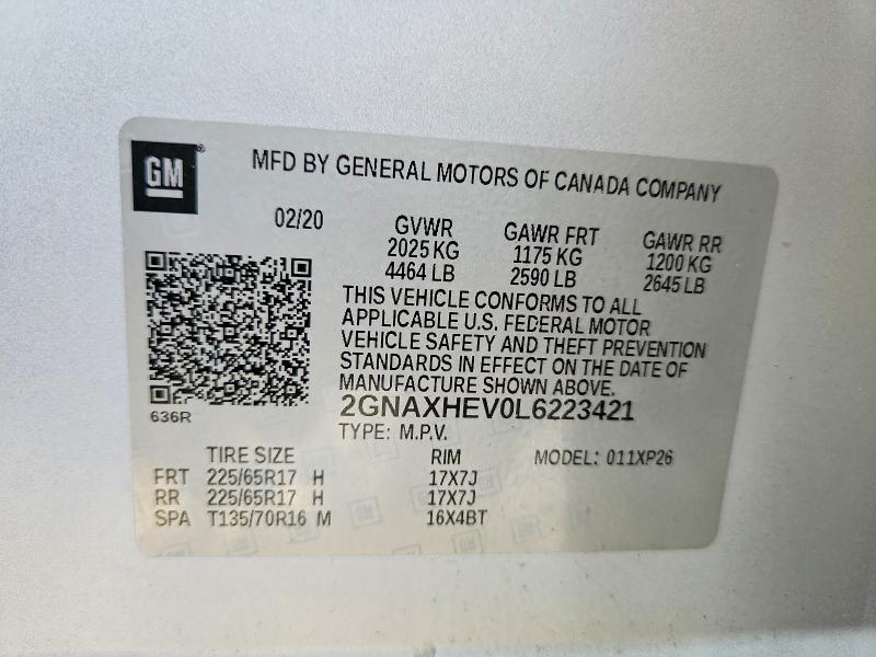 Auction sale of the 2020 Chevrolet Equinox, vin: 2GNAXHEV0L6223421, lot number: 67928576