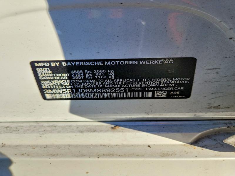 2021 Bmw 330i მანქანა იყიდება აუქციონზე, vin: 3MW5R1J06M8B92551, აუქციონის ნომერი: 68977586