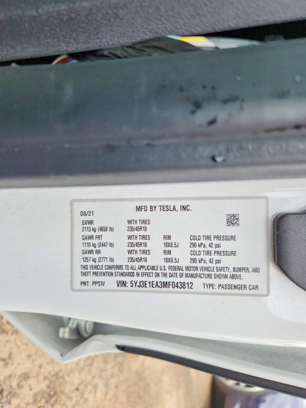 66410046 :رقم المزاد ، 5YJ3E1EA3MF043812 vin ، 2021 Tesla Model 3 مزاد بيع