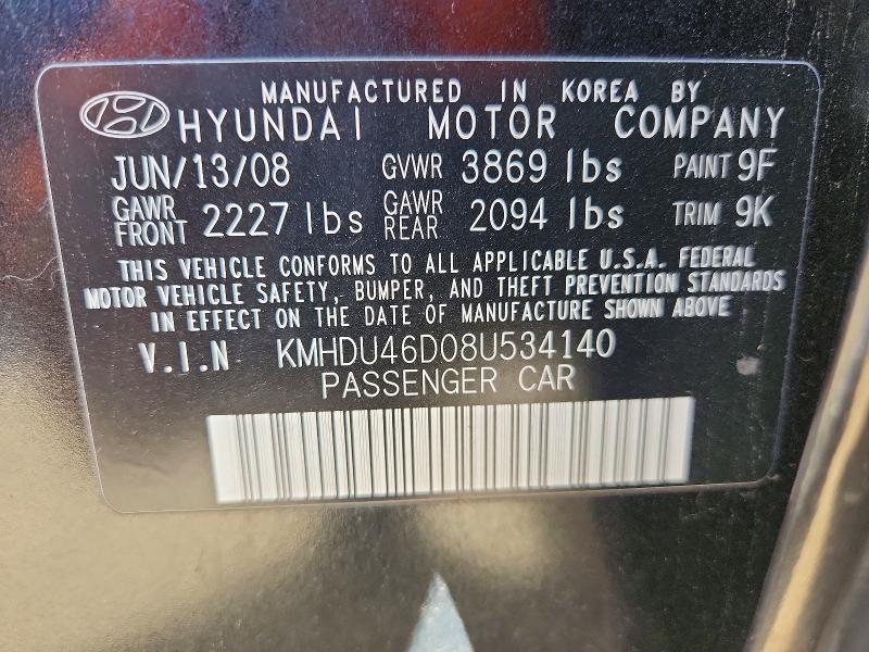 2008 Hyundai Elantra მანქანა იყიდება აუქციონზე, vin: KMHDU46D08U534140, აუქციონის ნომერი: 68612016