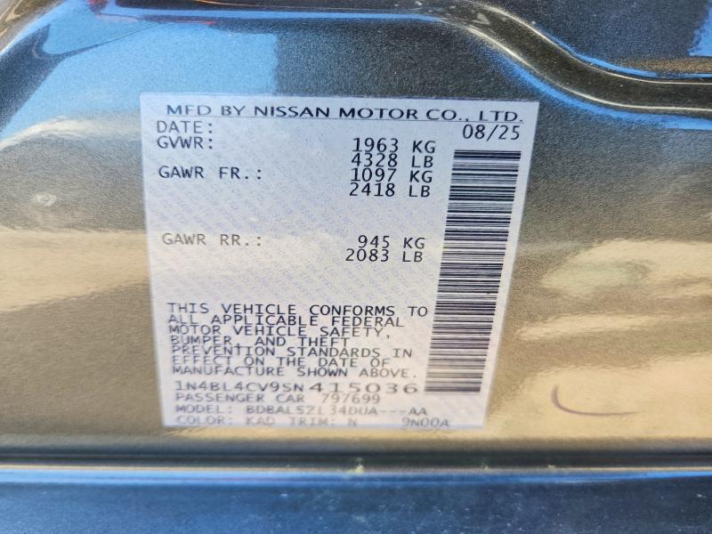 2025 Nissan Altima მანქანა იყიდება აუქციონზე, vin: 1N4BL4CV9SN415036, აუქციონის ნომერი: 68422506