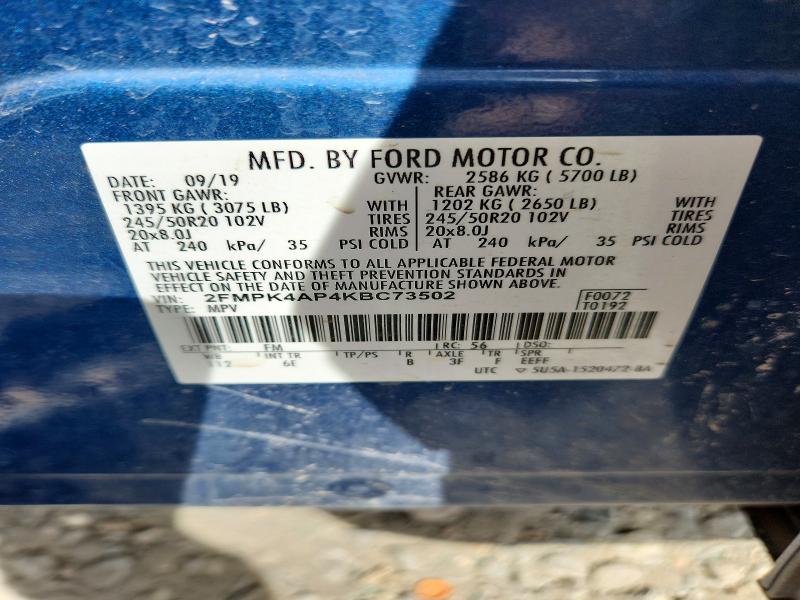 69138586 :رقم المزاد ، 2FMPK4AP4KBC73502 vin ، 2019 Ford Edge مزاد بيع
