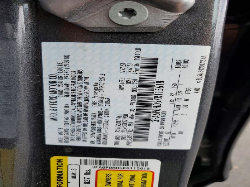 2019 Ford Fusion მანქანა იყიდება აუქციონზე, vin: 3FA6P0HD5KR115618, აუქციონის ნომერი: 67918896