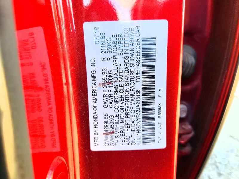 2018 Honda Accord მანქანა იყიდება აუქციონზე, vin: 1HGCV1F52JA218168, აუქციონის ნომერი: 69314136