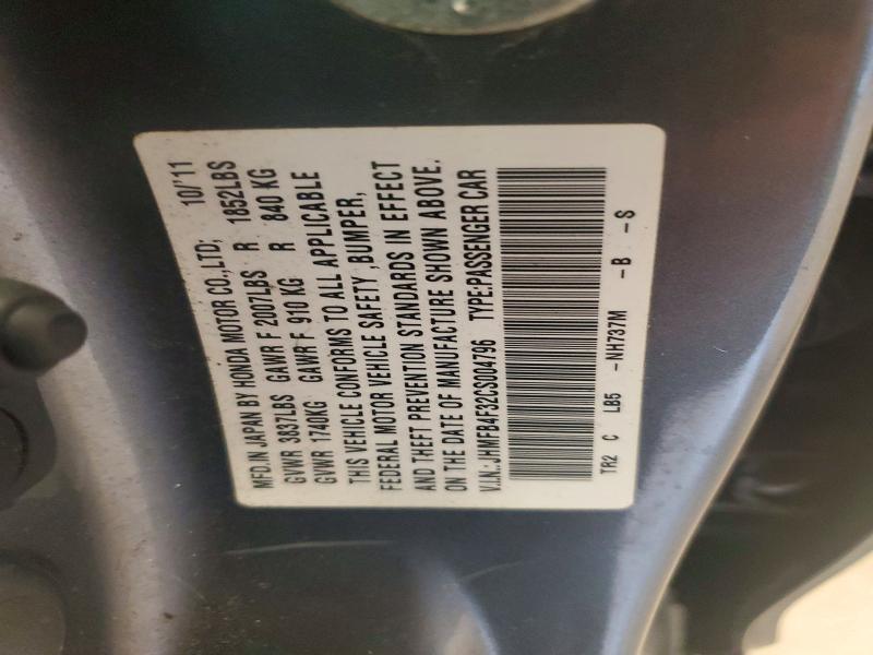 69239636 :رقم المزاد ، JHMFB4F32CS004796 vin ، 2012 Honda Civic مزاد بيع