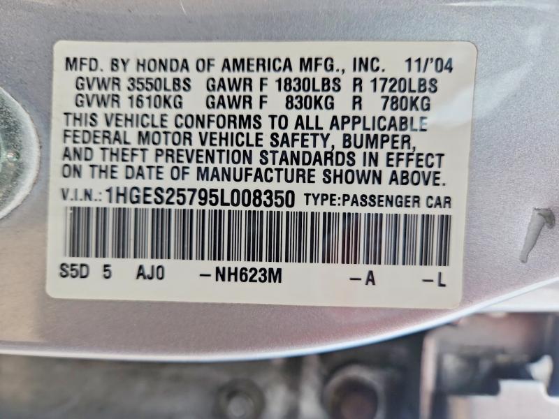 68928576 :رقم المزاد ، 1HGES25795L008350 vin ، 2005 Honda Civic مزاد بيع