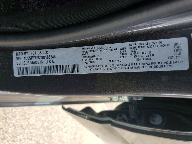 2022 Ram 1500 მანქანა იყიდება აუქციონზე, vin: 1C6SRFU92NN186846, აუქციონის ნომერი: 71237116