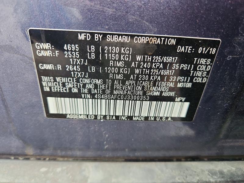 2018 Subaru Outback მანქანა იყიდება აუქციონზე, vin: 4S4BSAFC0J3300353, აუქციონის ნომერი: 68573546