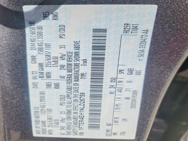 2022 Ford Ranger მანქანა იყიდება აუქციონზე, vin: 1FTER4EH1NLD28759, აუქციონის ნომერი: 67325416