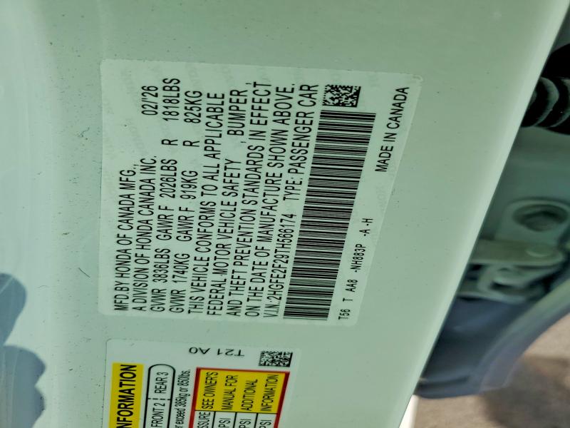 Продаж на аукціоні авто 2026 Honda Civic, vin: 2HGFE2F29TH566174, номер лоту: 68280486
