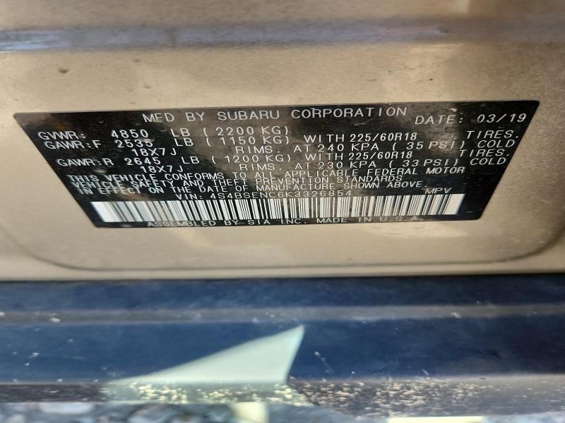 2019 Subaru Outback მანქანა იყიდება აუქციონზე, vin: 4S4BSENC6K3326854, აუქციონის ნომერი: 69069876