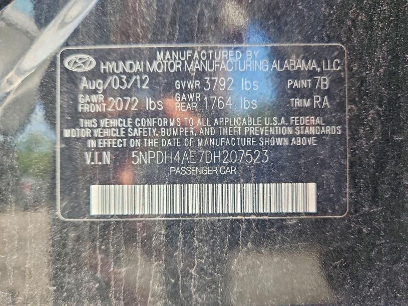 69845186 :رقم المزاد ، 5NPDH4AE7DH207523 vin ، 2013 Hyundai Elantra مزاد بيع
