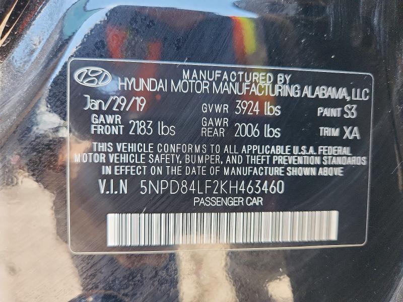 2019 Hyundai Elantra მანქანა იყიდება აუქციონზე, vin: 5NPD84LF2KH463460, აუქციონის ნომერი: 68103846