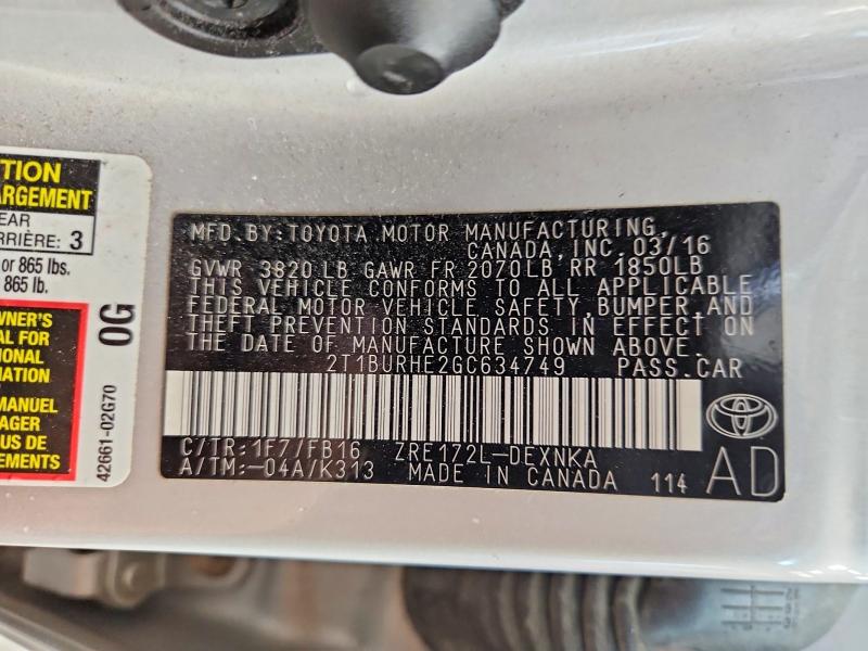 70038026 :رقم المزاد ، 2T1BURHE2GC634749 vin ، 2016 Toyota Corolla مزاد بيع