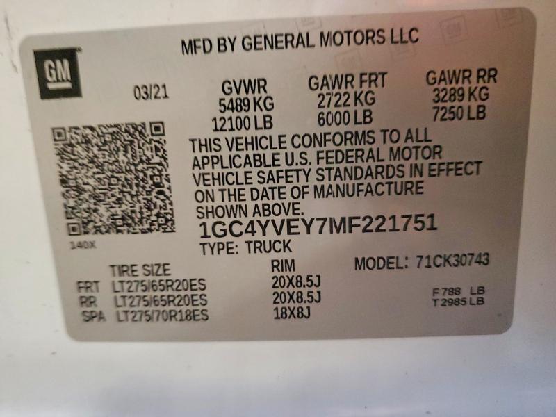 66009106 :رقم المزاد ، 1GC4YVEY7MF221751 vin ، 2021 Chevrolet Silverado مزاد بيع