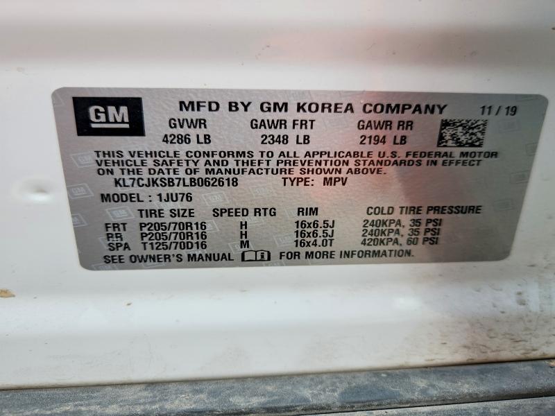 70124486 :رقم المزاد ، KL7CJKSB7LB062618 vin ، 2020 Chevrolet Trax مزاد بيع