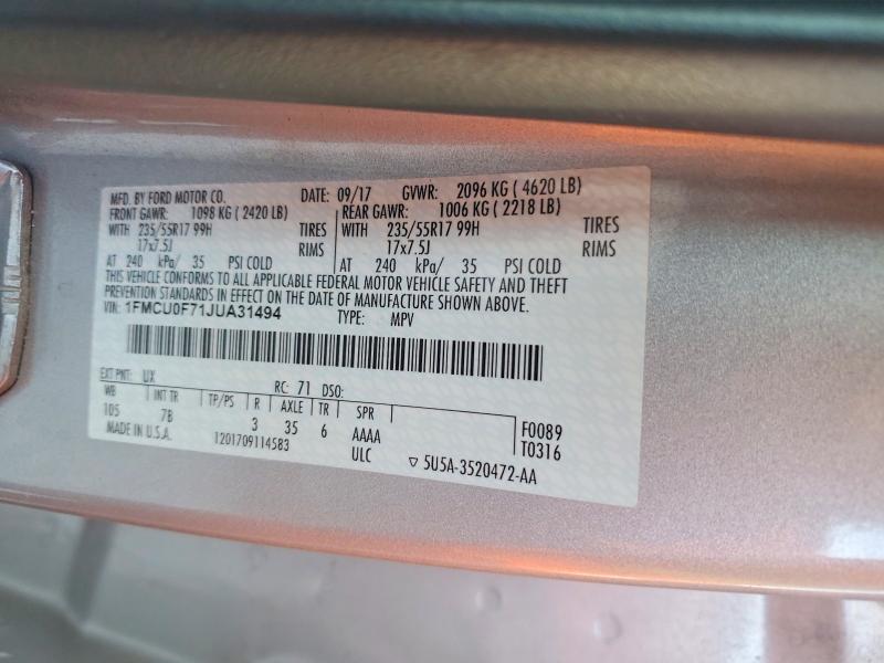 Продаж на аукціоні авто 2018 Ford Escape, vin: 1FMCU0F71JUA31494, номер лоту: 69736216