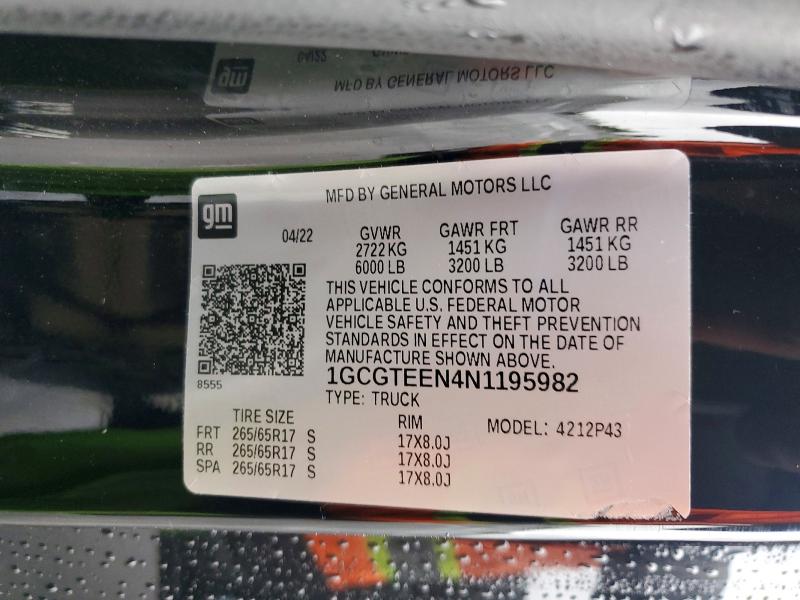 2022 Chevrolet Colorado მანქანა იყიდება აუქციონზე, vin: 1GCGTEEN4N1195982, აუქციონის ნომერი: 70649516