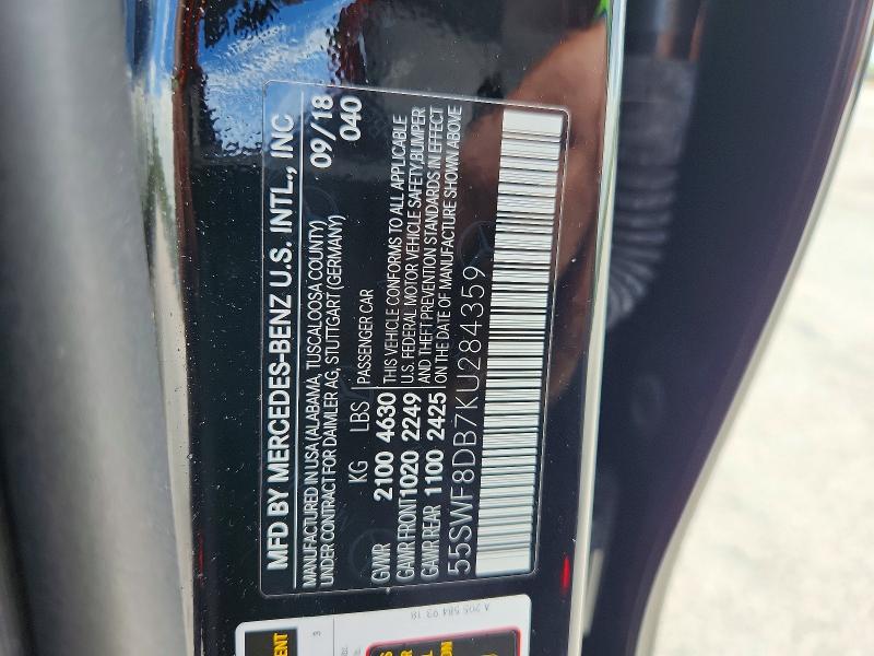 2019 Mercedes-benz C მანქანა იყიდება აუქციონზე, vin: 55SWF8DB7KU284359, აუქციონის ნომერი: 70716116